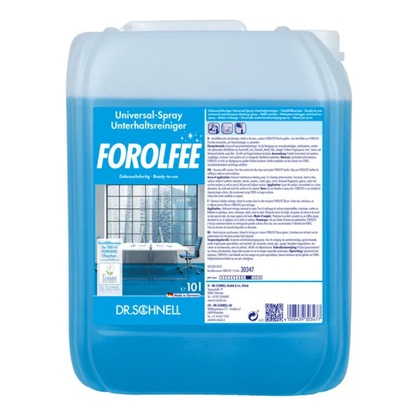 Un contenitore da 10 litri Dr. Schnell ForolFee Detergente universale, detergente per superfici pronto all'uso della DR.SCHNELL GmbH & Co. KGaA, con liquido blu e un'etichetta blu-bianca con testo, istruzioni e un'immagine di ufficio.
