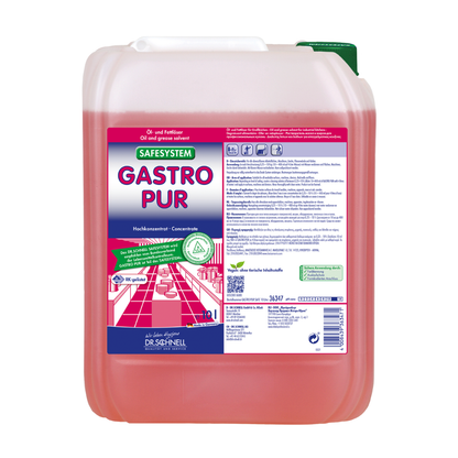 Dr. Schnell Gastro Pur sciogliolio e grasso di DR.SCHNELL GmbH & Co. KGaA è un concentrato di pulizia rosa in un contenitore trasparente con tappo verde, progettato per l'uso professionale in aziende di trasformazione alimentare e dotato di etichetta con scrittura tedesca e simboli di sicurezza.