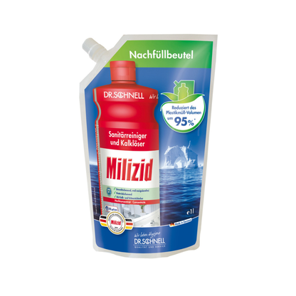Un sacchetto di ricarica di Dr. Schnell detergente sanitario e disincrostante Milizid di DR.SCHNELL GmbH & Co. KGaA, con etichetta rosso-bianca, tappo verde e testo in tedesco con l'indicazione del 95% di riduzione del volume di plastica.