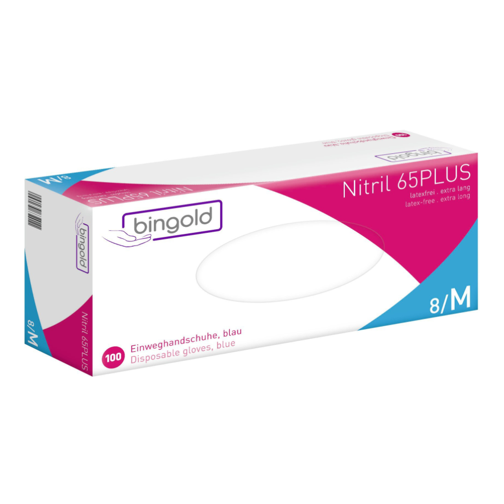 Il pacchetto „Bingold Nitril 65PLUS Guanti, blu“ della BINGOLD GmbH + Co. KG contiene 100 guanti blu extra lunghi, senza lattice, realizzati in gomma nitril-butadiene con polpastrello microtesturizzato per una migliore presa nella taglia 8/M.