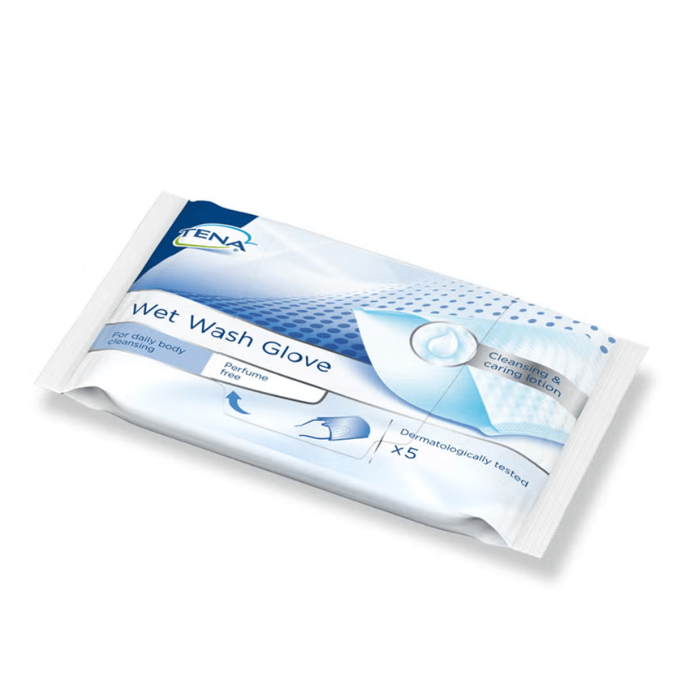 Il guanto per lavaggio umido TENA non profumato (5 pezzi) di TENA - Essity Germany GmbH è dermatologicamente testato per pelli sensibili, ideale per la pulizia quotidiana e viene fornito in una confezione bianco-blu con le principali informazioni sul prodotto.