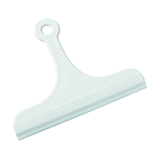 Il raschietto per vetro e piastrelle Haug della Haug Bürsten KG è un utensile in plastica bianca dotato di un ampio bordo in gomma e di un piccolo foro di sospensione sulla parte superiore, con dimensioni pari a 180 x 200 x 30 mm.
