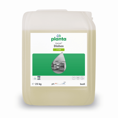 Un contenitore da 25 litri in plastica trasparente contenente il detersivo per stoviglie Vamat® P948 di BUZIL-WERK, un detersivo ecologico alcalino a base di vetro liquido per lavastoviglie professionali, con un’etichetta verde e bianca e una foto di stoviglie sul lato anteriore.