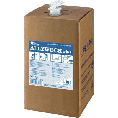La scatola Eco da 10 l GastroPower Allzweck Plus della Abena Re-Seller GmbH in cartone marrone con rubinetto dosatore ed etichetta blu-bianca offre un detergente multiuso concentrato ed ecologico per l'uso versatile nella gastronomia.
