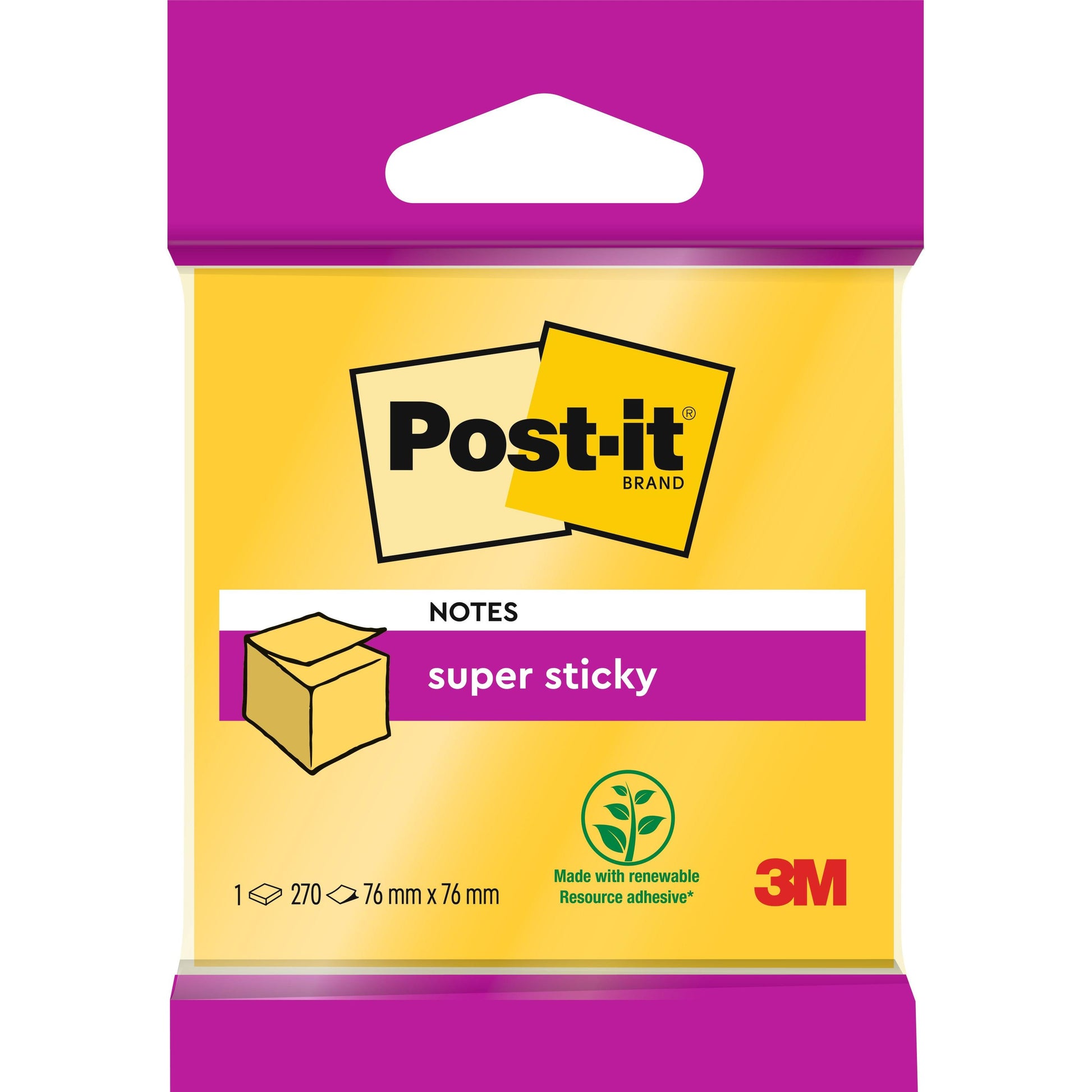 Eine Packung Post-it® Super Sticky Notes Würfel, 76 mm x 76 mm, von 3M Deutschland GmbH. Enthält 270 gelbe Blätter, hat einen lila Kopf- und Fußteil, das 3M-Logo und verwendet 100% PEFC-zertifizierten Klebstoff aus nachwachsenden Rohstoffen.