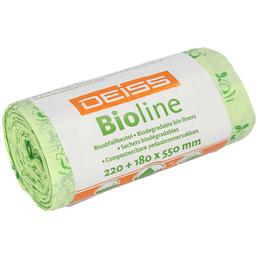 Un rotolo EMIL DEISS KG (GmbH + Co.) DEISS BIOLINE sacchetti per rifiuti, biopellicola, 10 L, naturale, 220+180x550x0,018 mm (20 sacchetti), in confezione verde con etichettatura multilingue.