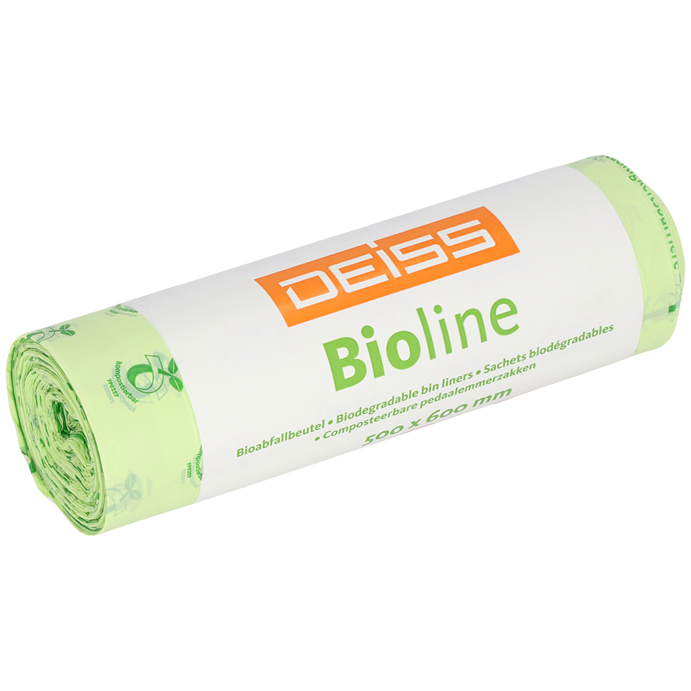 Un rotolo di sacchetti per rifiuti EMIL DEISS KG DEISS BIOLINE, biofilm, 30L, colore naturale, 500x600x0,018 mm (20 pezzi), evidenzia le proprietà compostabili per uno smaltimento sostenibile dei rifiuti.