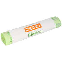 Eine ungeöffnete Rolle EMIL DEISS KG (GmbH + Co.) DEISS 6071 biologisch abbaubare Beutel (500+450x1250x0,022mm, natur) mit weiß-orangem "DEISS Bioline"-Etikett; enthält 5 fest verpackte Beutel pro Rolle.