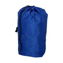 Der DEISS 6505 wiederverwendbarer Abfallsack (700x1100 mm, blau) von EMIL DEISS KG besitzt eine schwarze Kordel und eine rechteckige Fronttasche, fotografiert vor weißem Hintergrund.