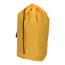 Un grande sacco per rifiuti riutilizzabile giallo EMIL DEISS KG (GmbH + Co.) DEISS 6507 700x1100 mm, confezione (1 pezzo), sta in piedi con cordoncini neri e una piccola toppa frontale, perfetto per lo smaltimento ecologico dei rifiuti.