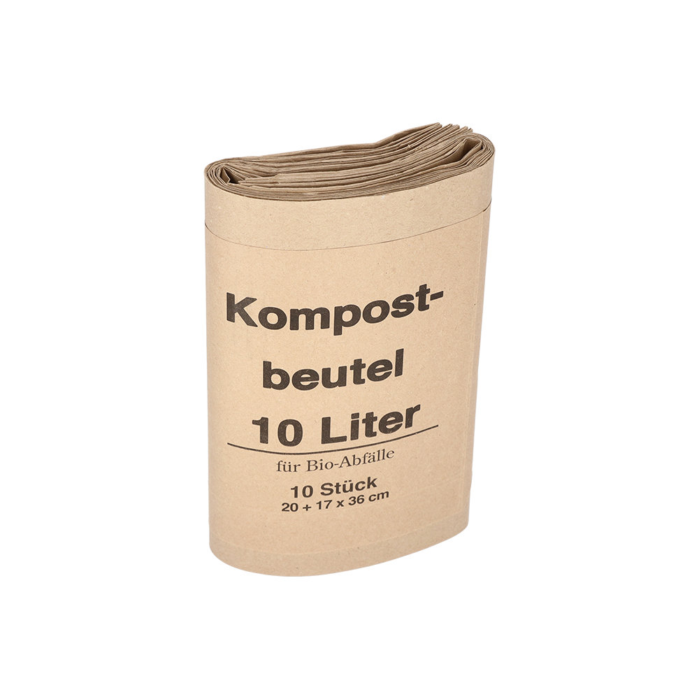 Ein Stapel DEISS 7152 Kompostsäcke (20+16x36 cm, 70 g/m²), EMIL DEISS KG (GmbH + Co.), Karton mit 300 Säcken, ist aufrecht in einer praktischen Verpackung vor einem schlichten weißen Hintergrund abgebildet.