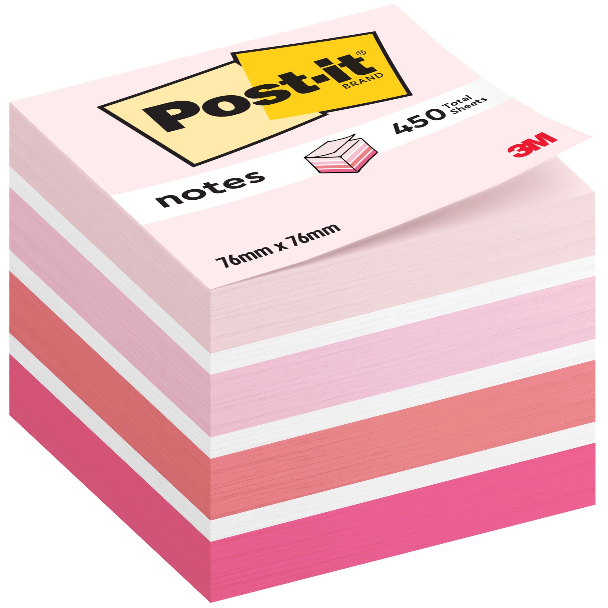 Ein Stapel Post-it® Notes Würfel, 76 mm x 76 mm, 450 Blatt pro Block, von 3M Deutschland GmbH. In Rosa-, Weiß- und Pfirsichtönen; die Verpackung trägt das "Post-it"-Logo und weist auf die 100%ige PEFC-Zertifizierung hin.