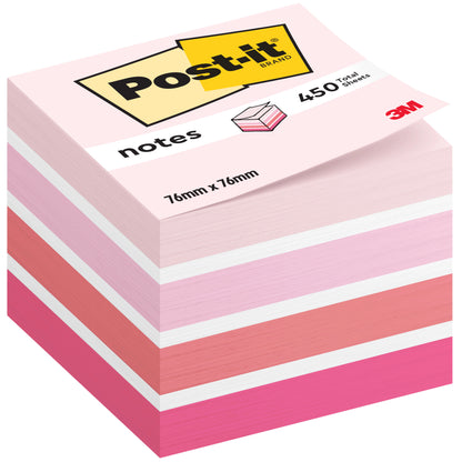 Una pila di blocchi di Post-it® Notes, 76 mm x 76 mm, 450 fogli per blocco, della 3M Deutschland GmbH. Nei toni del rosa, bianco e pesca; la confezione riporta il logo "Post-it" e indica la certificazione PEFC al 100%.