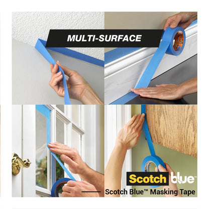 Quattro immagini mostrano mani che applicano il nastro adesivo per pittori ScotchBlue™ "Multi-Surface" di 3M Deutschland GmbH su un soffitto strutturato, una modanatura, una cornice di finestra e una parete dipinta. Il testo recita "Multi-Surface" e "Scotch Blue Masking Tape".