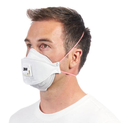 Una persona con capelli corti castani indossa una maschera antiparticolato 3M™ Aura™ Comfort Cool Flow™ 9332+ FFP3 con valvola di 3M Deutschland GmbH, bianca con bande rosa, in vista laterale su sfondo bianco uniforme.