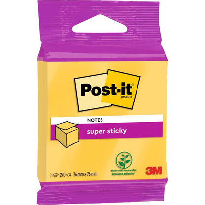 Una confezione di cubi di Post-it® Super Sticky Notes di 3M Deutschland GmbH, 76 mm x 76 mm, contrassegnata con 100% PEFC, contiene 270 fogli ed è gialla e viola con il logo di una risorsa rinnovabile stampato.