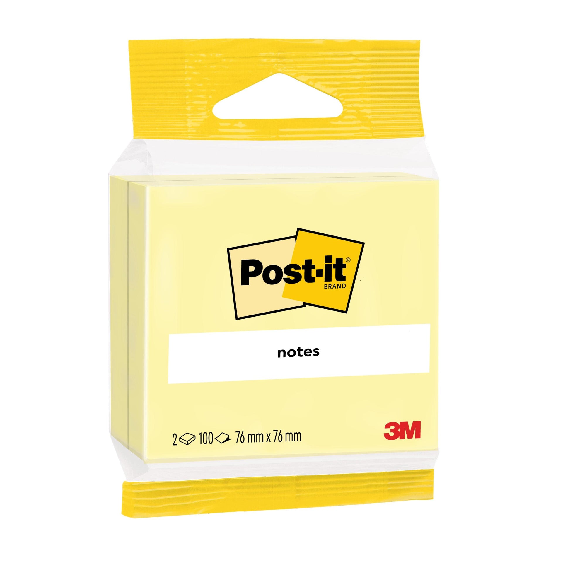 Eine Packung Post-it® Notes (3M Deutschland GmbH) enthält 2 gelbe Blöcke mit je 76 x 76 mm und 100 Blatt pro Block. Auf der Verpackung befindet sich unten rechts das 3M-Logo. PEFC-zertifiziert.