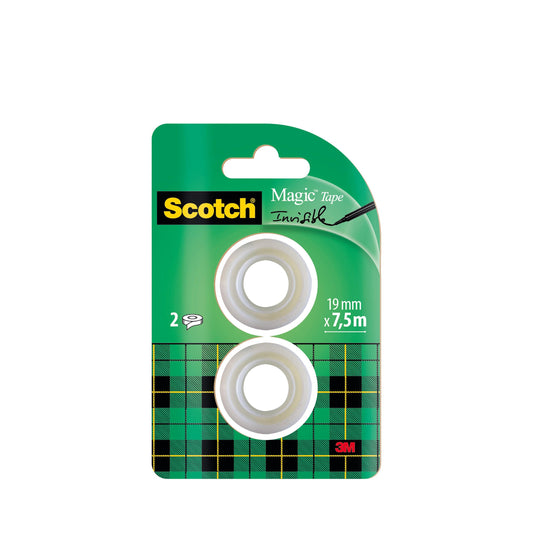 Eine Packung Scotch® Magic™ Unsichtbares Klebeband von 3M Deutschland GmbH, Nachfüllpackung mit 2 Rollen, je 19 mm x 7,5 m.