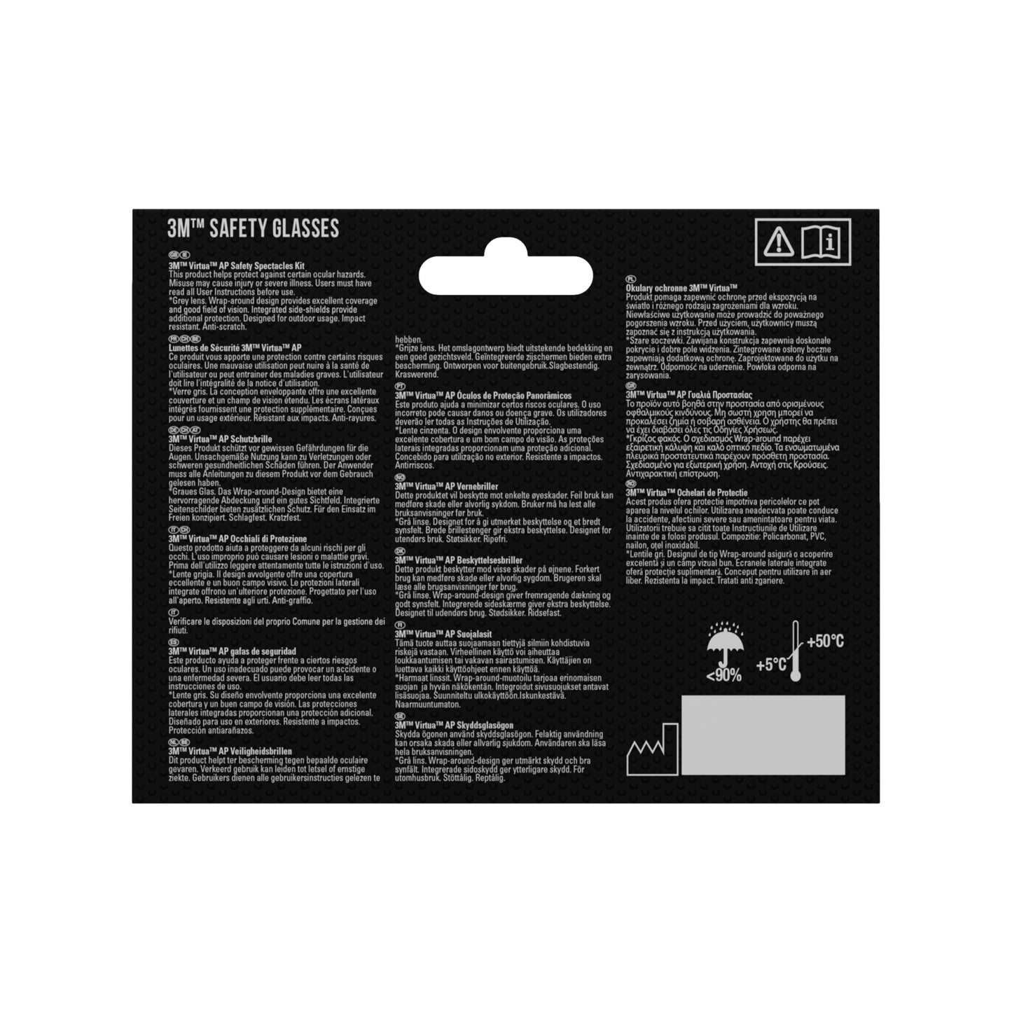 Rückseite der 3M Deutschland GmbH 3M™ Virtua™ AP Schutzbrille, graues Glas Verpackung mit weißem, mehrsprachigem Text, Augenschutz- und Temperaturbereichssymbolen sowie Produktdetails - alles auf einem schlichten schwarzen Hintergrund.