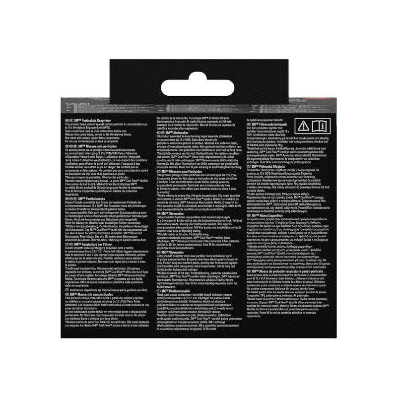 Il retro della confezione della maschera antipolvere 3M™ Cool Flow™ 8822 FFP2 di 3M Deutschland GmbH mostra diverse colonne con testo bianco multilingue su sfondo nero, che include istruzioni, avvertenze e dettagli del prodotto. In alto è visibile un gancio per appendere.