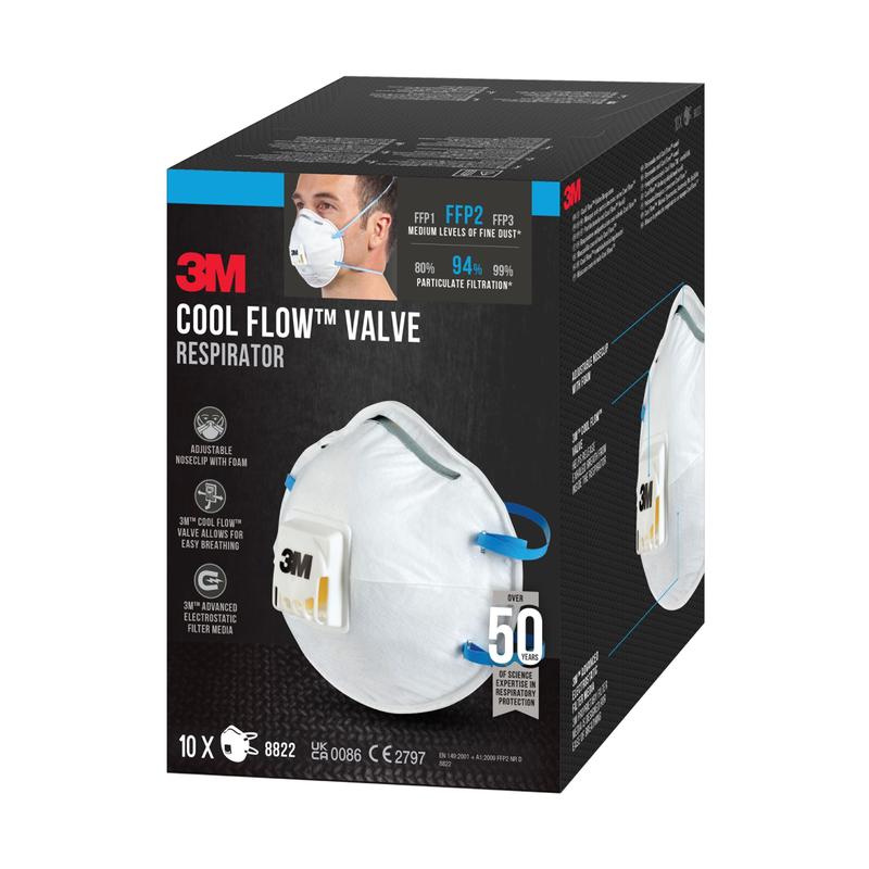 Una confezione di maschere antipolvere 3M™ Cool Flow™ 8822, FFP2, con valvola della 3M Deutschland GmbH mostra una foto della maschera con valvola e bande blu e elenca 10 maschere per scatola e fino al 94% di efficienza di filtrazione delle particelle.
