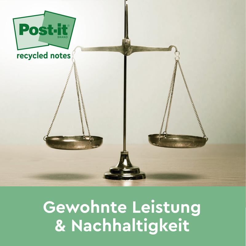 Una bilancia di metallo si trova su una superficie di legno. In alto a sinistra appare il logo dei Post-it® Recycling Z-Notes (76 mm x 76 mm, 100 fogli/blocco, 100% PEFC) della 3M Deutschland GmbH. In basso c'è il testo tedesco: "Prestazioni e sostenibilità abituali."