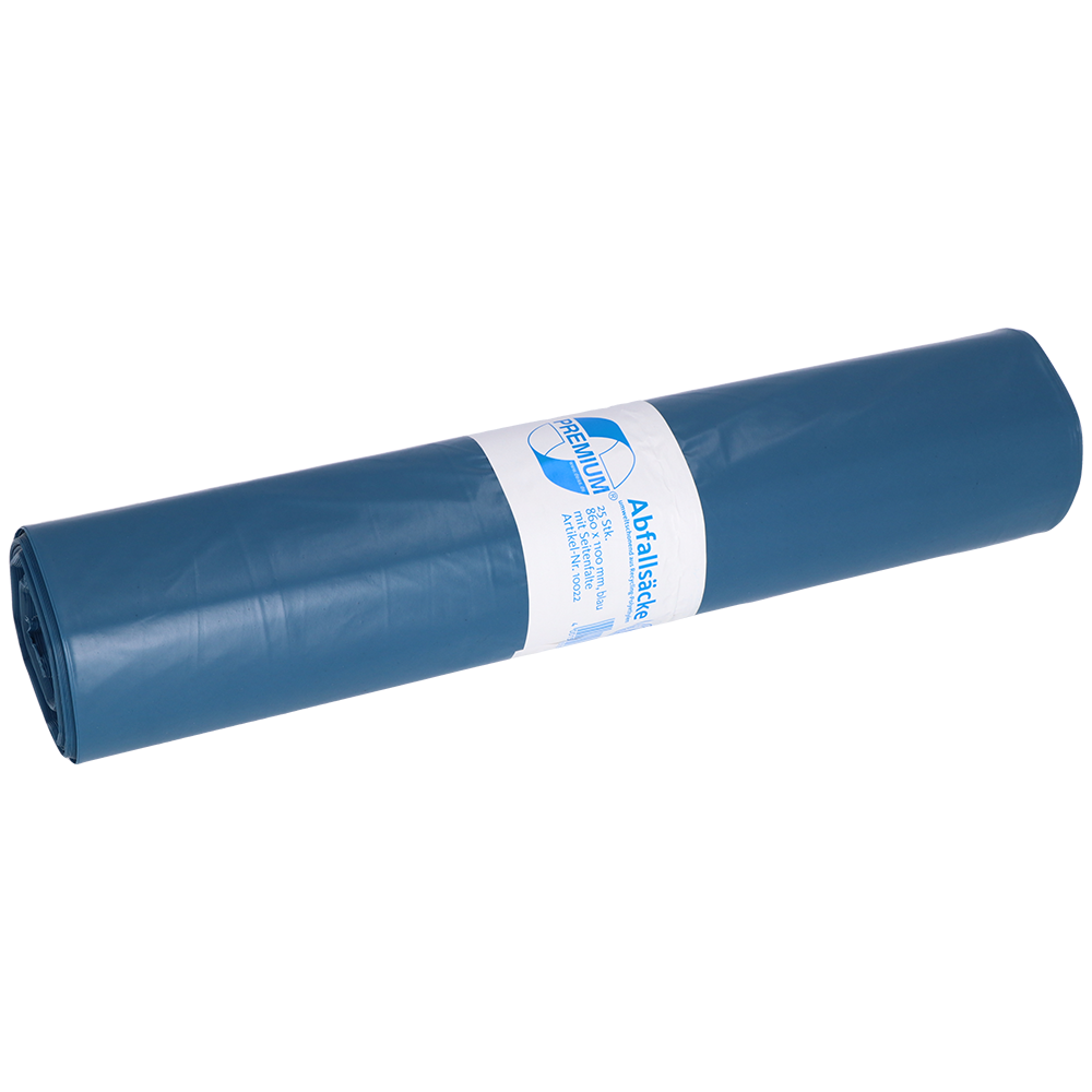 Eine aufgerollte DEISS 10022 Müllsäcke Rolle (20 Stück, 860x1100x0,06 mm, blau) von EMIL DEISS KG (GmbH + Co.) mit weiß-blauem Etikett in der Mitte für professionelle Anwendung vor hellem Hintergrund.