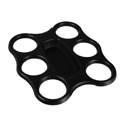 Il vassoio per bicchieri Starpak (nero, PS, 22,4 x 24,4 x 2,4 cm) contiene 6 bicchieri in fessure circolari attorno a un comparto rettangolare centrale; la confezione contiene 3 vassoi avvolti in pellicola termoretraibile.