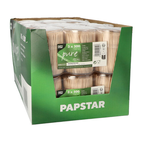 Una scatola di cartone con la scritta "PAPSTAR GmbH" contiene diverse confezioni sigillate di PAPSTAR stuzzicadenti in legno "pure", rotondi, 6,7 cm nel distributore (1500 pezzi), in cui stuzzicadenti in legno di alta qualità sono presentati con cura.