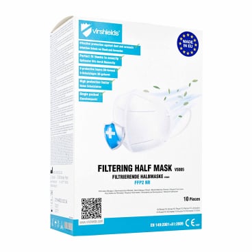 Una confezione di mascherine FFP2 Virshields VS005 a 5 strati della Mask Authority sp. z o.o. | 1 pezzo, presenta l'immagine di una mascherina bianca con simboli di protezione e una descrizione multilingue delle caratteristiche; ogni confezione contiene 10 pezzi.