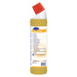 Una bottiglia da 750 ml di Diversey Deutschland Room Care R8 Decalcificante con tappo angolare rosso ed etichetta multilingue gialla, ideale per rimuovere i depositi di calcare nel bagno.