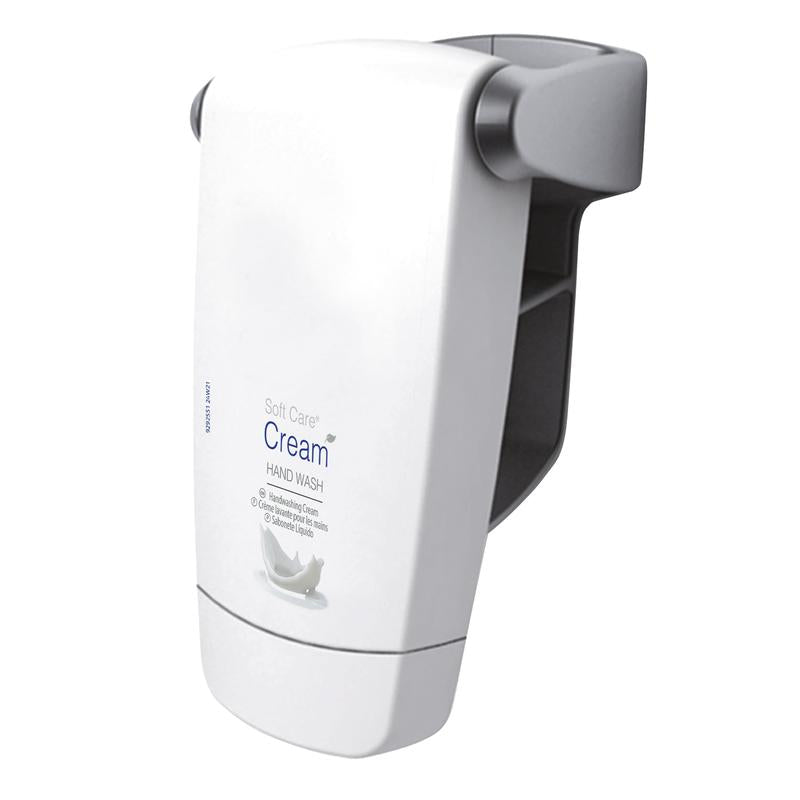 Un distributore da parete bianco con la scritta "Soft Care Cream Hand Wash" di Diversey Deutschland GmbH & Co. OHG, con lati grigi e uscita inferiore, ideale per una lozione detergente delicata sulla pelle per la pulizia delle mani (bottiglia da 250 ml).