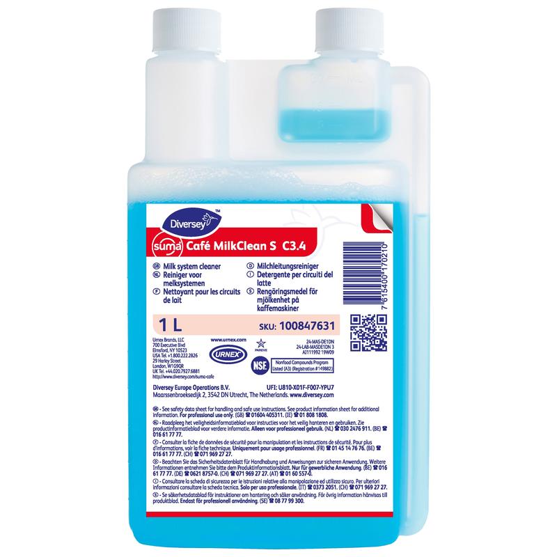 Una bottiglia da 1 litro del Suma Café MilkClean S C3.4 detergente per sistemi di latte della Diversey Deutschland GmbH & Co. OHG, con liquido blu e un'etichetta bianco-blu con istruzioni per l'uso, informazioni sul prodotto e certificazioni per la pulizia delle macchine da caffè.