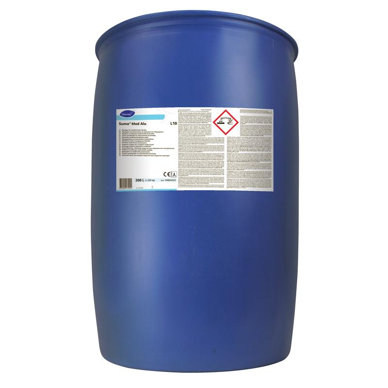 Un grande fusto di plastica blu (200 l) di Suma Med Alu della Diversey Deutschland GmbH & Co. OHG, identico nella formulazione a Suma Jade Pur-Eco L8, per lavastoviglie, ha un'etichetta bianca con testo e un simbolo per sostanze corrosive; rappresentato in piedi su sfondo bianco.