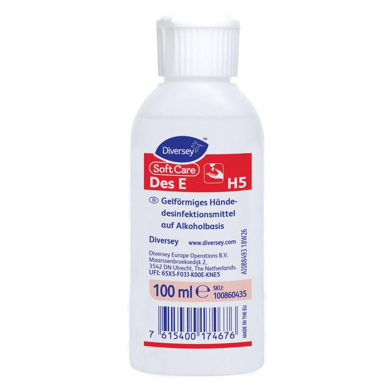 Una bottiglia bianca da 500 ml di Soft Care Des E, disinfettante per le mani in gel elencato da VAH di Diversey Deutschland GmbH & Co. OHG, con un'etichetta tedesca rossa e bianca e un codice a barre blu sul fondo.