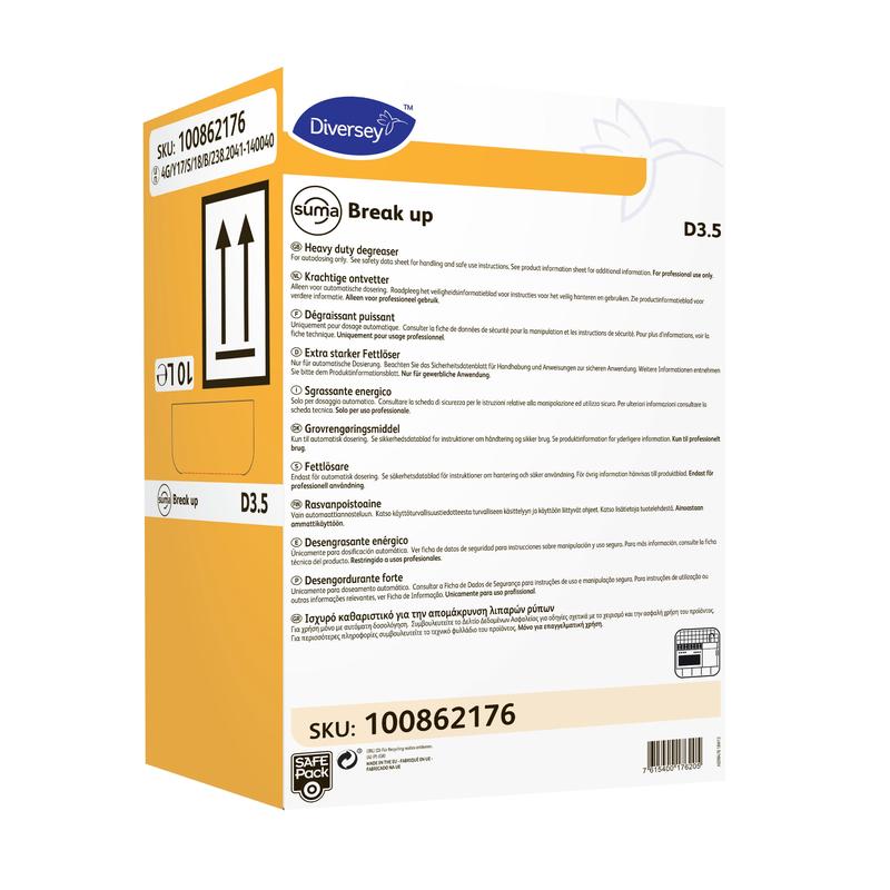 Un contenitore rettangolare giallo-bianco da 5 litri con Diversey Suma Break up D3.5 sgrassatore (sicuro per l'alluminio) di Diversey Deutschland GmbH & Co. OHG, con dettagli di applicazione, istruzioni, SKU 100862176 e frecce per la posizione verticale sull'etichetta.