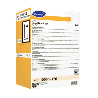 Un contenitore rettangolare giallo-bianco da 5 litri con Diversey Suma Break up D3.5 sgrassatore (sicuro per l'alluminio) di Diversey Deutschland GmbH & Co. OHG, con dettagli di applicazione, istruzioni, SKU 100862176 e frecce per la posizione verticale sull'etichetta.