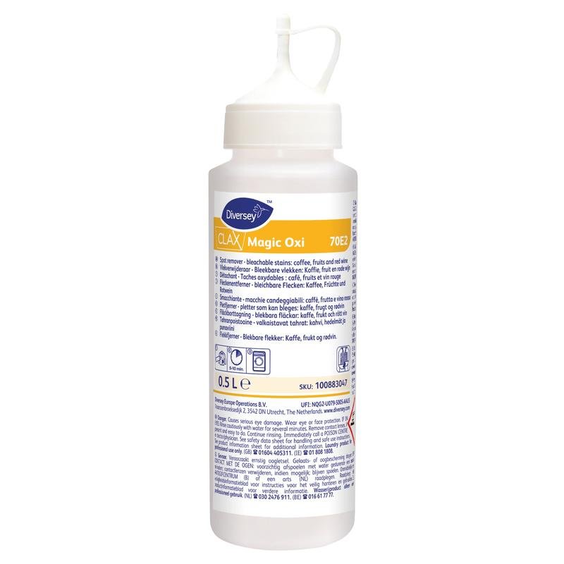 Clax Magic Oxi Smacchiatore per caffè, tè e vino rosso di Diversey Deutschland GmbH & Co. OHG in flacone dosatore da 500 ml con tappo a spruzzo ed etichetta multilingue - ideale per la rimozione delle macchie.