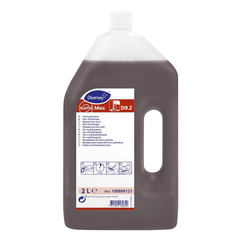 Una bottiglia da 2L di Diversey Suma Max D9.2 Detergente per forni e griglie (senza etichetta) di Diversey Deutschland GmbH & Co. OHG, con manico e tappo bianco; Etichetta frontale con istruzioni multilingue e informazioni sul prodotto.