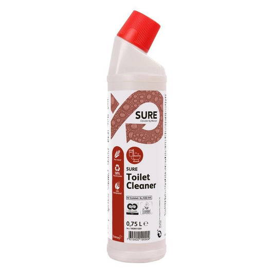 Una bottiglia di plastica bianca da 0,75 L di SURE Toilet Cleaner, detergente per WC e orinatoi della Diversey Deutschland GmbH & Co. OHG, dotata di tappo angolare rosso ed etichetta rossa e bianca, garantisce una pulizia efficace di WC e orinatoi.