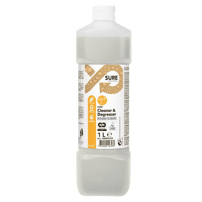 Una bottiglia da 1 litro di SURE Cleaner & Degreaser (sgrassatore) di Diversey Deutschland GmbH & Co. OHG, con tappo bianco ed etichetta beige, è ideale per pulire e sgrassare superfici resistenti all'acqua.