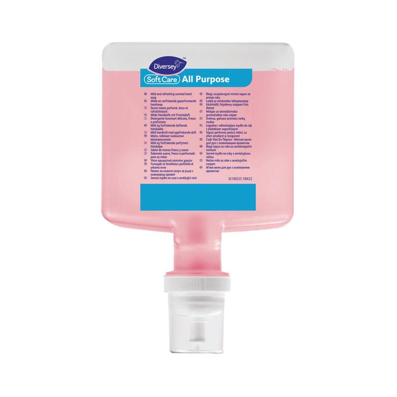 Un distributore rettangolare in plastica trasparente con soluzione detergente rosa, etichettato con "Soft Care All Purpose 1,3 L Cartuccia per IntelliCare" di Diversey Deutschland GmbH & Co. OHG, con pompa bianca e compatibile con i sistemi IntelliCare.
