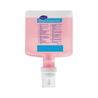 La cartuccia Diversey Soft Care All Purpose 1,3 L per IntelliCare è una ricarica di sapone rosa rettangolare di Diversey Deutschland GmbH & Co. OHG con un distributore con base bianca e un'etichetta di istruzioni blu e bianca sul davanti.
