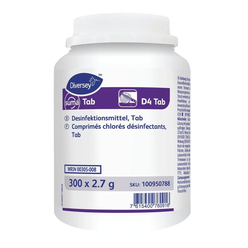 Un contenitore di plastica bianca con la scritta "Suma Tab D4, compresse disinfettanti a base di cloro" di Diversey Deutschland GmbH & Co. OHG contiene 200 compresse (per dose) con istruzioni e informazioni sul prodotto in tedesco/francese.