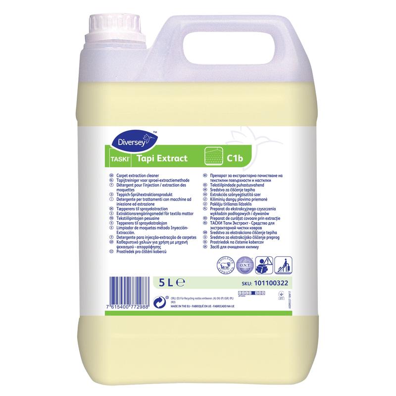 Un contenitore da 5 litri di detergente per estrazione a spruzzo per moquette Diversey TASKI Tapi Extract con tecnologia O.N.T., certificato Woolmark, dotato di maniglia e etichetta multilingue con informazioni sul prodotto e istruzioni.