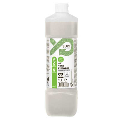 Una bottiglia di plastica da 1 litro di SURE Hand Dishwash, detersivo per piatti a mano di Diversey Deutschland GmbH & Co. OHG, dispone di un tappo bianco e un'etichetta bianco-verde che indica ingredienti "ecologici" di origine vegetale e un'efficace rimozione del grasso.