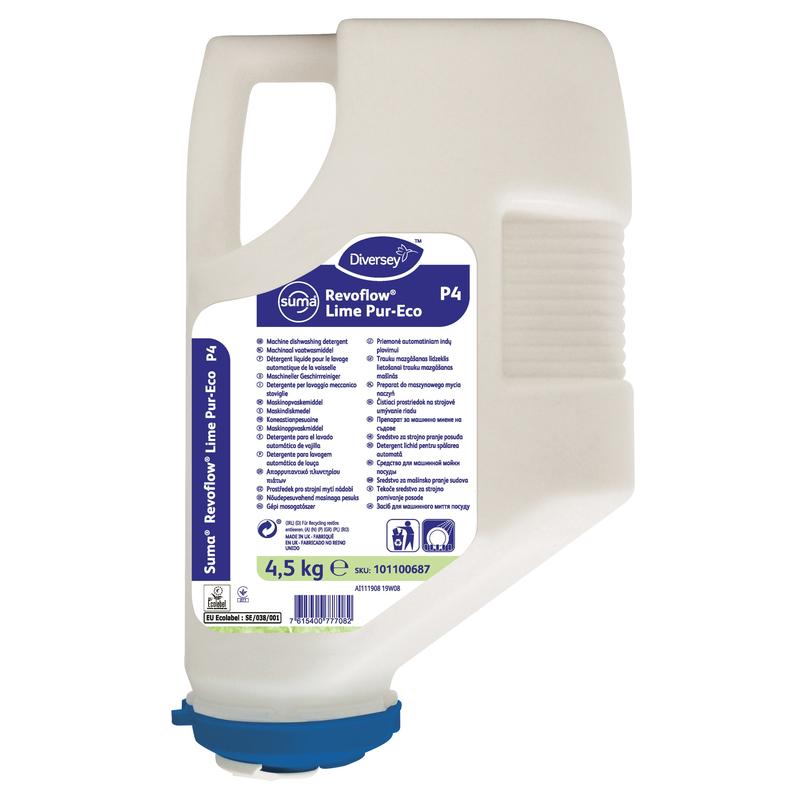 Una cartuccia di plastica da 4,5 kg di Diversey Suma Revoflow Lime Pur-Eco P4, detergente per stoviglie ad alte prestazioni per acqua da media a dura, con tappo dosatore blu e etichetta dettagliata.