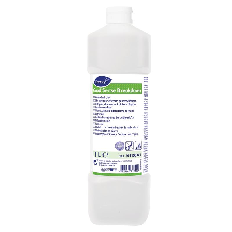 Una bottiglia di plastica bianca da 1 litro con l'etichetta "Good Sense Breakdown, eliminatore di odori" di Diversey Deutschland GmbH & Co. OHG con testo multilingue e tappo a vite bianco. Neutralizza efficacemente gli odori - ideale come eliminatore di odori.