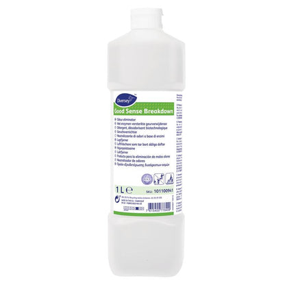 Una bottiglia di plastica bianca da 1 litro con l'etichetta "Good Sense Breakdown, eliminatore di odori" di Diversey Deutschland GmbH & Co. OHG con testo multilingue e tappo a vite bianco. Neutralizza efficacemente gli odori - ideale come eliminatore di odori.