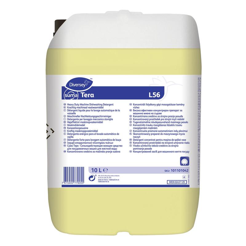 Un contenitore da 10 litri Diversey Suma Tera L56, un detergente per stoviglie ad alta concentrazione per acqua dura della Diversey Deutschland GmbH & Co. OHG, con corpo bianco, liquido giallo, etichetta blu-bianca e tappo bianco.